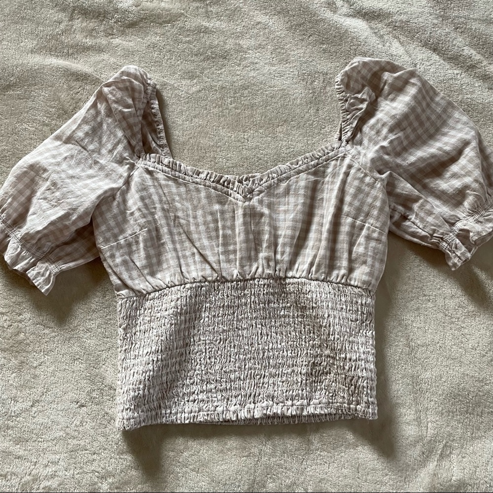 Abercrombie & Fitch Plaid Puff Sleeve Top - Cream